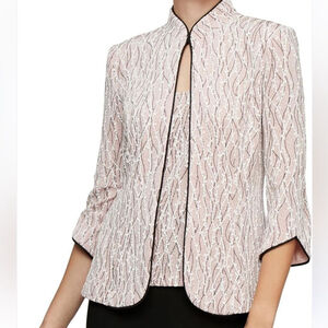 ALEX EVENINGS mandarin neck jacket 3/4 sleeves grey silver black neck closure